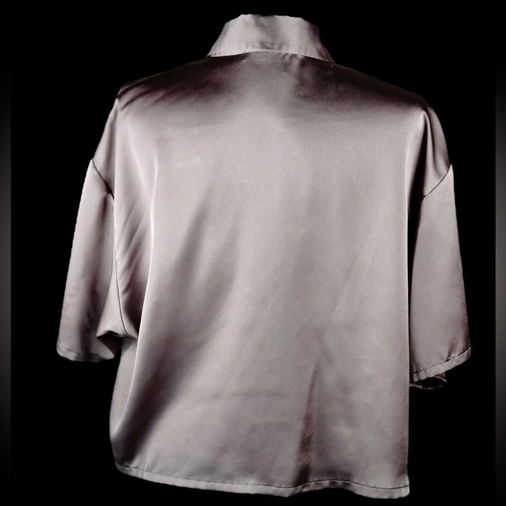 Abercrombie & Fitch Womens Gray Satin Button-Down Blouse Short Sleeve Size L - Picture 6 of 15